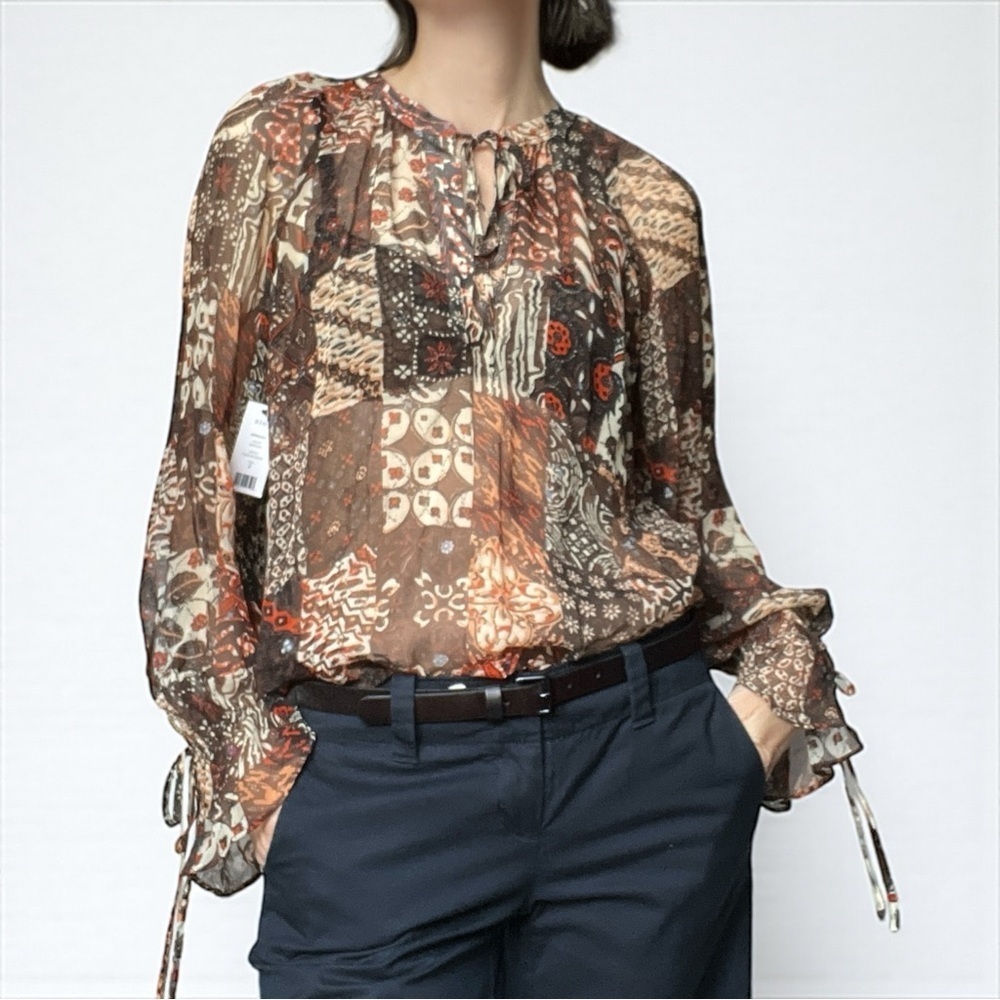 Joie 100% Silk Blouse Top S | Pinecone Multi Boho Patchwork Tie-Neck Fall Edit